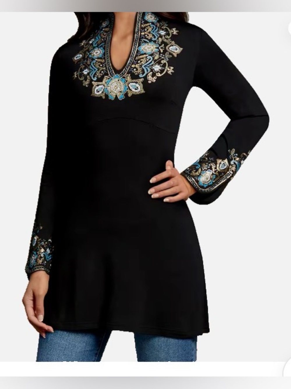 Midnight velvet Long sleeve Tunic Dress printed Size L Ptp 19”